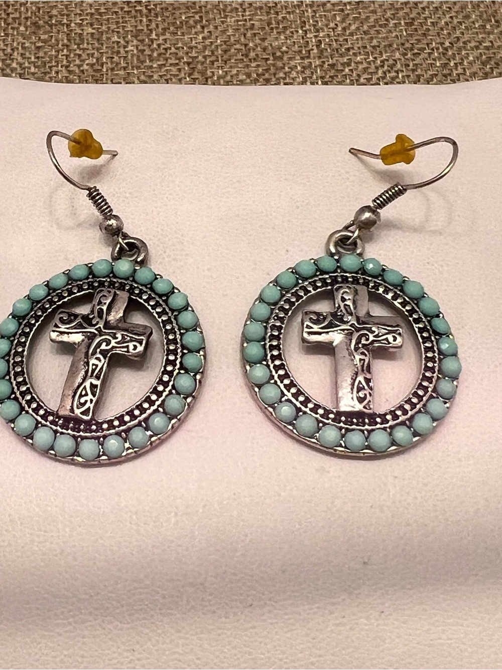 Turquoise Halo Cross Drop Earrings - Silver Tone